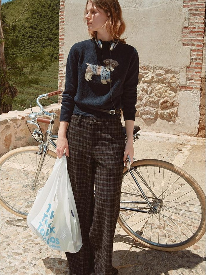 fano Wool Blend Plaid Relaxed Natural Waist Elastic Pocket Women Straight Pants