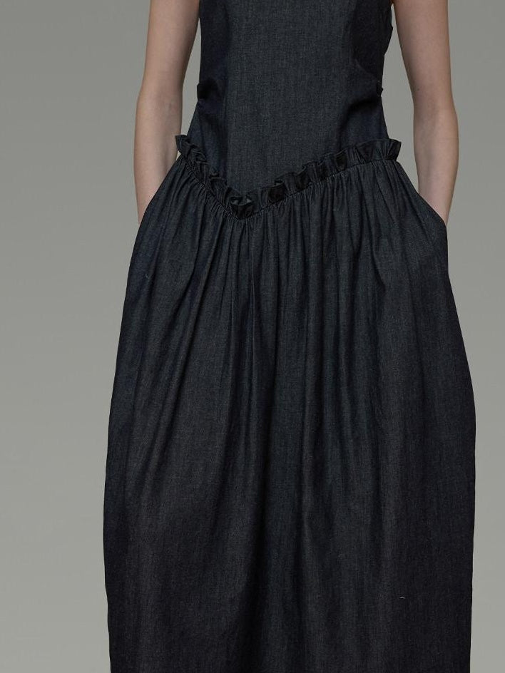 unspoken Minimalist Pleated Cinched Waist Cotton A Line Strap Dress Women Maxi Dresses