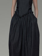 unspoken Minimalist Pleated Cinched Waist Cotton A Line Strap Dress Women Maxi Dresses