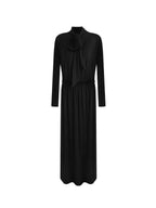 unspoken Minimal Office Pleated Round Neck Elastic Waist Long Sleeve Black Maxi Dresses