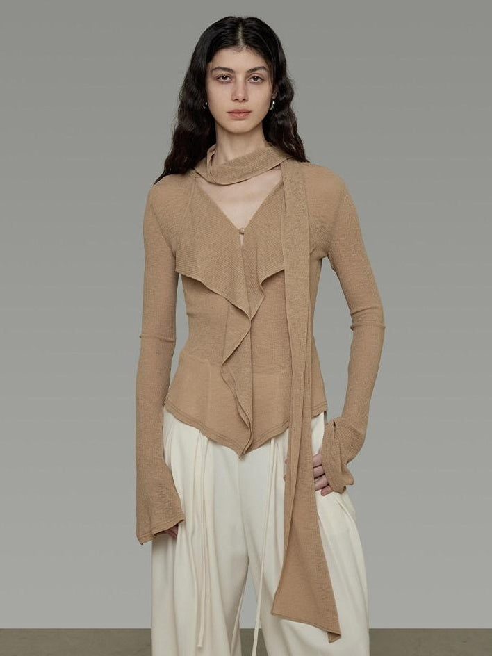 unspoken Slim Ruffle V-neck Bell Sleeve Knit Pullover Women Ginger Yellow Blouses