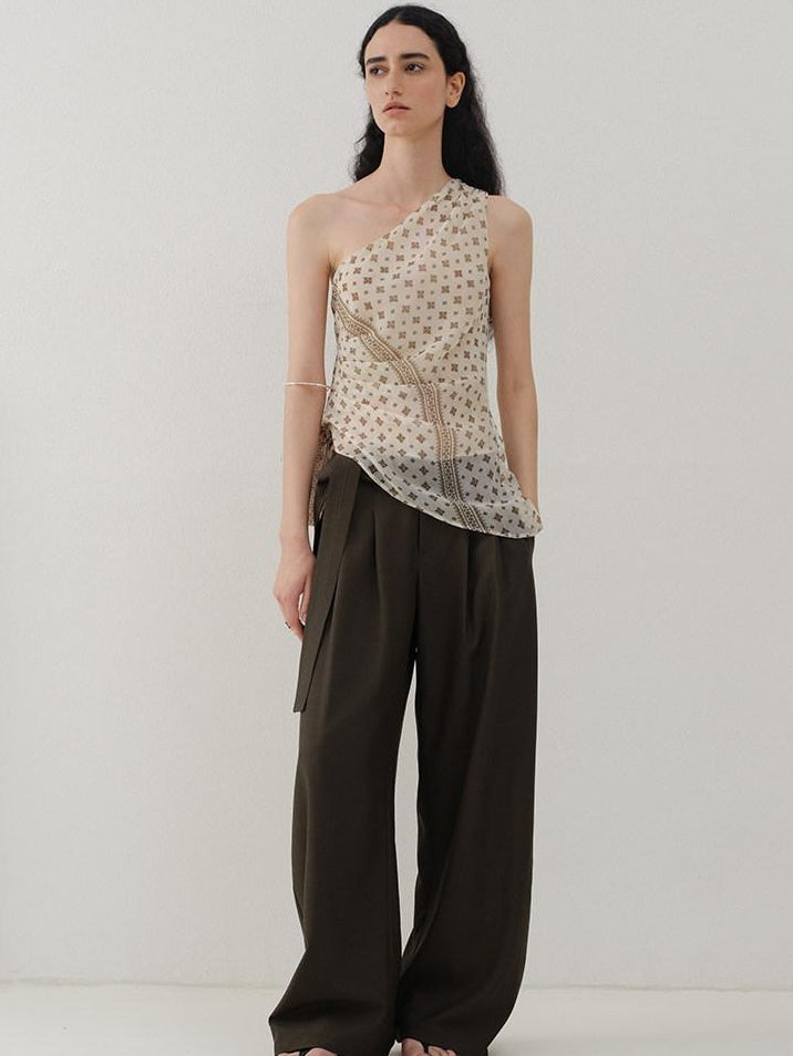 someonesometimes Ruched Asymmetrical Tie One Shoulder Workwear Floral Polyester Beige Tube Tops