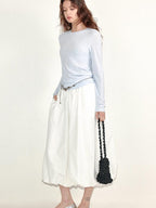 fano Lined Press Pleat A Line Bubble Mid Waist Women City Black White Midi Skirts