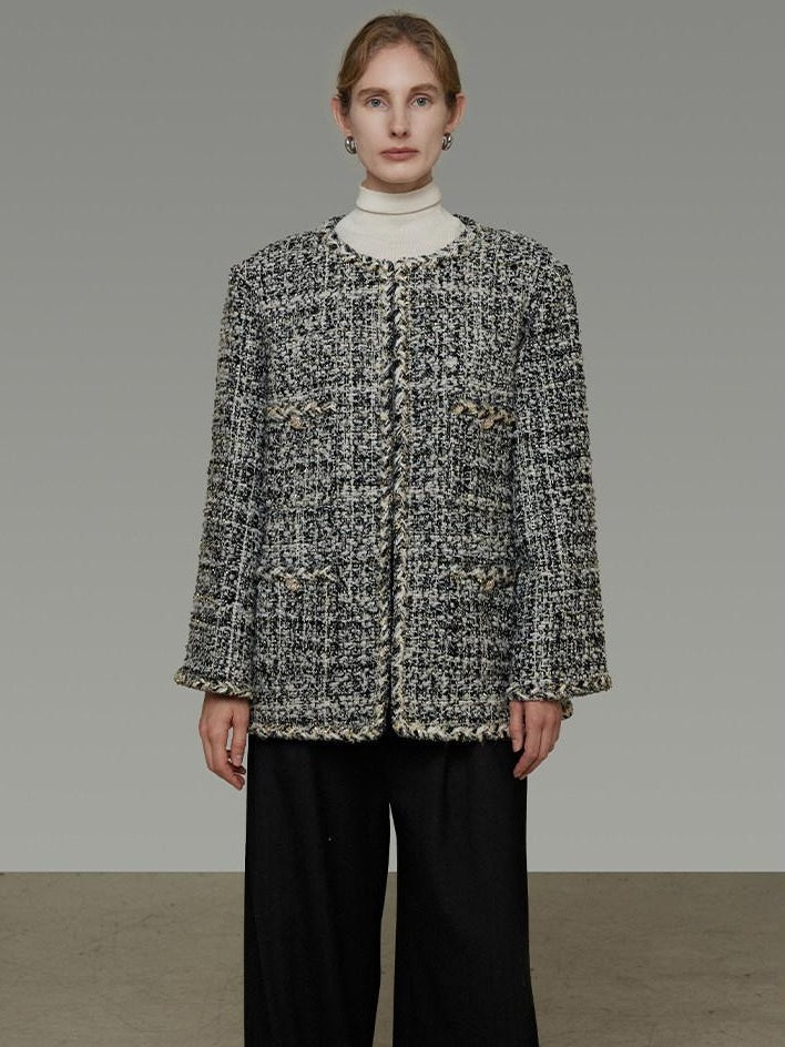 unspoken Warm Wool Blend Houndstooth Loose Fit Simple Commuter Black White Short Coat