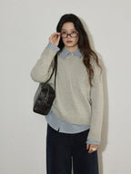 Lofi choose Wool Blend Loose Fit Rolled Hem Commuter Crew Neck Women Light Grey Sweaters