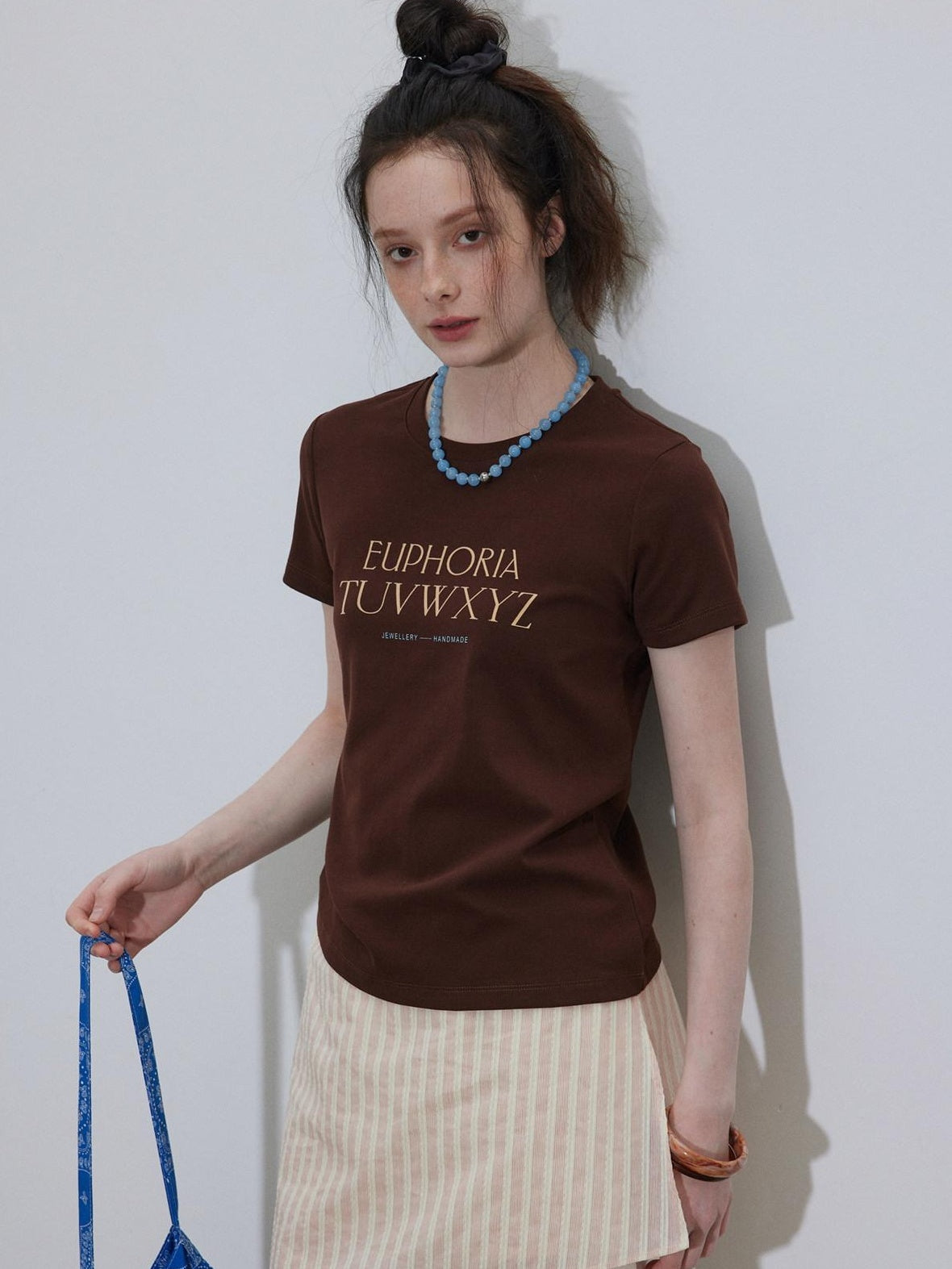 Lofi choose Printed Crew Neck Loose Fit Commuter Women Light Blue Short Sleeve T-Shirts