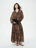 audreyyang Silk Blend Leopard Print A Line Fitted Waist Long Sleeve Vacation Maxi Dresses
