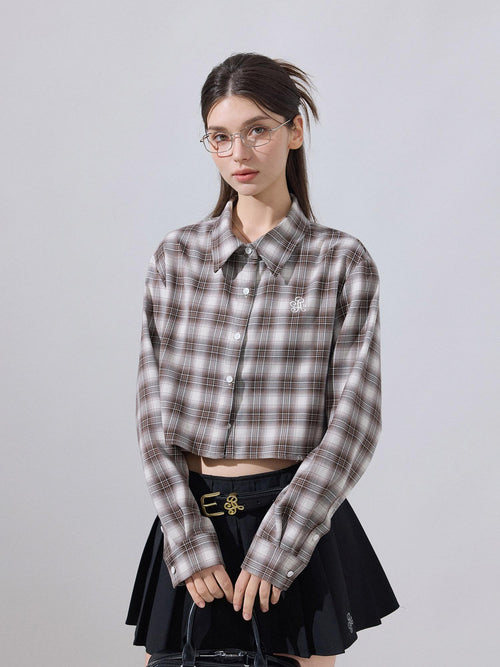 ikyou Embroidered Plaid Crop Slim Fit Collared Long Sleeve Casual Women Brown Shirts