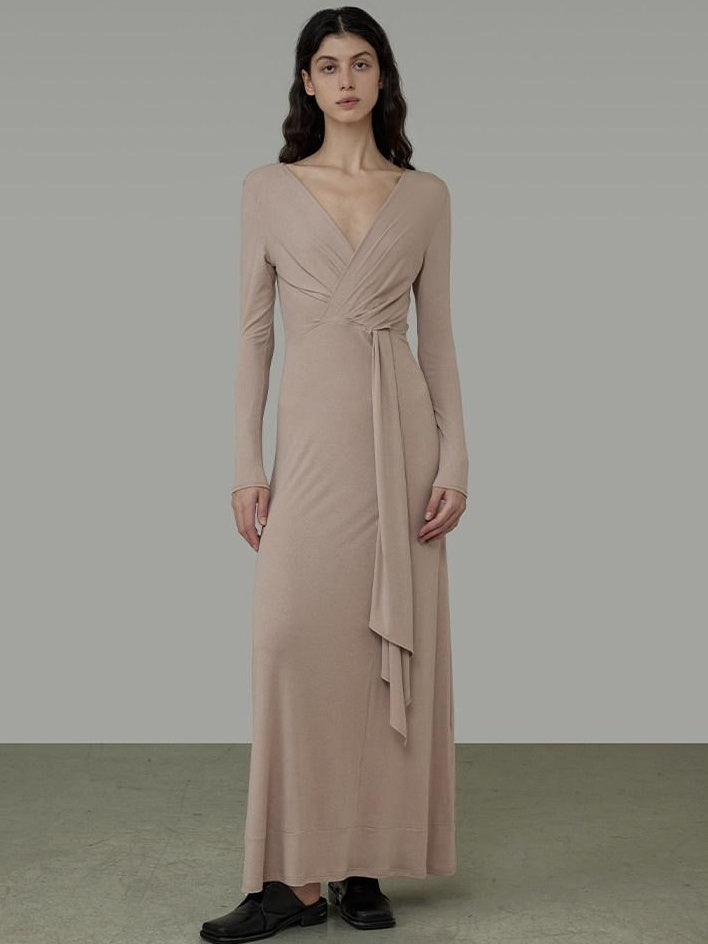 unspoken Lyocell V-neck High Waist Zip Longsleeve Pink Slim Knit Maxi Dresses