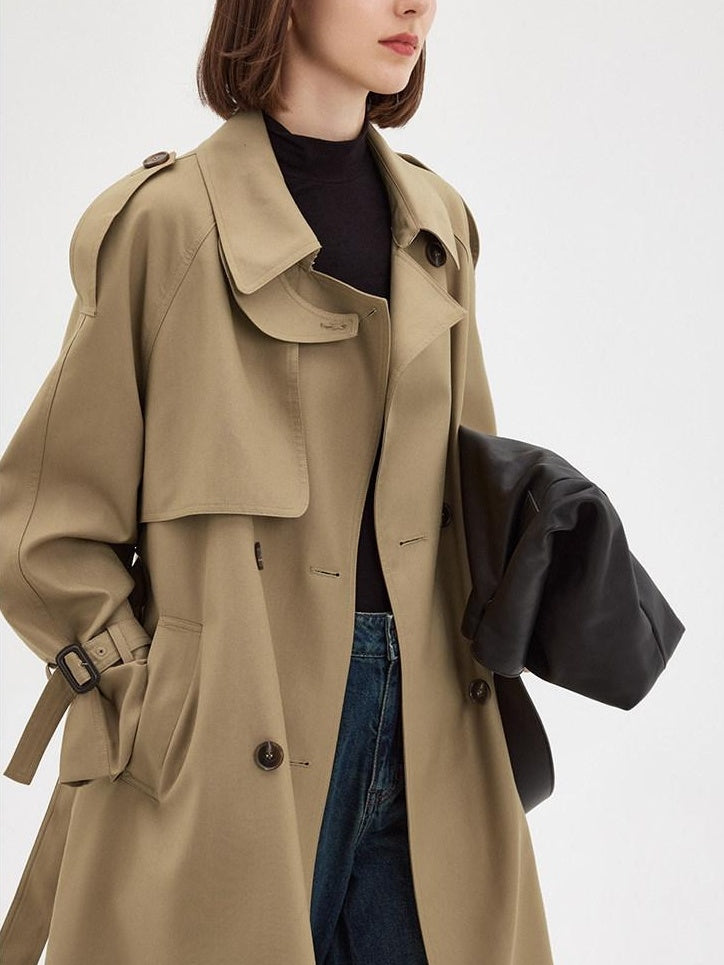 fano Pocketed Relaxed Raglan Midlength Double Breasted Khaki Womens Trench Coats