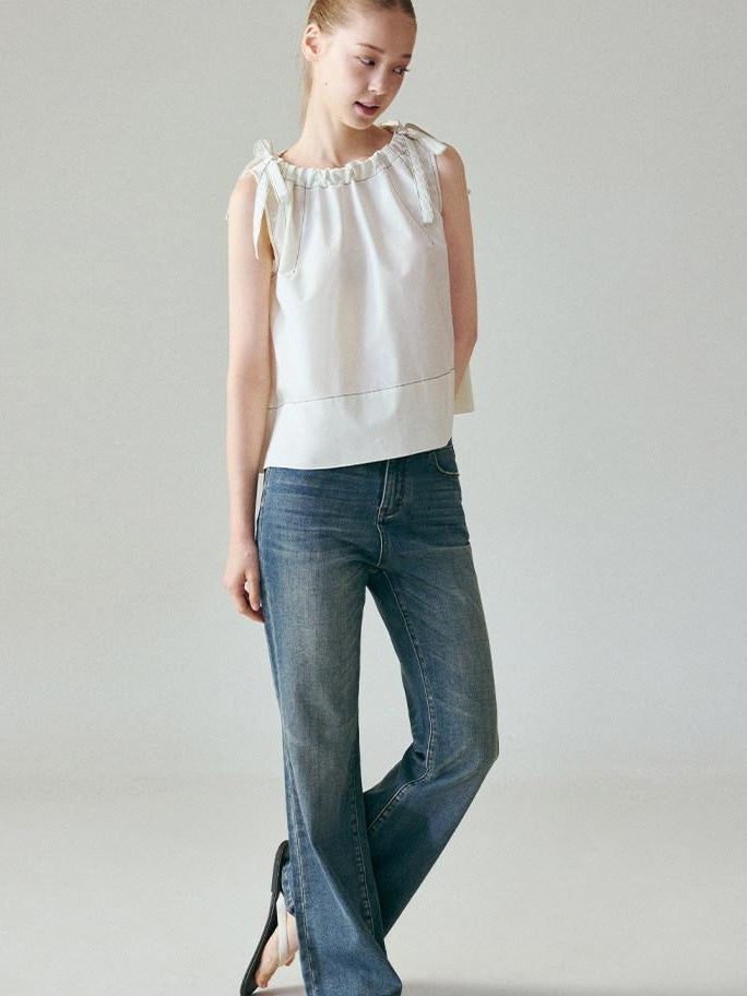 fano Light Blue Casual Relaxed Natural Waist Zip Fly Denim Straight Leg Jeans