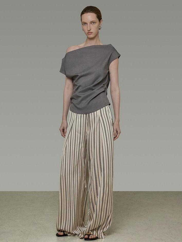 unspoken Minimalist High Waist Elastic Office Loose Striped Polyester Wide Leg Pants