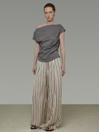 unspoken Minimalist High Waist Elastic Office Loose Striped Polyester Wide Leg Pants