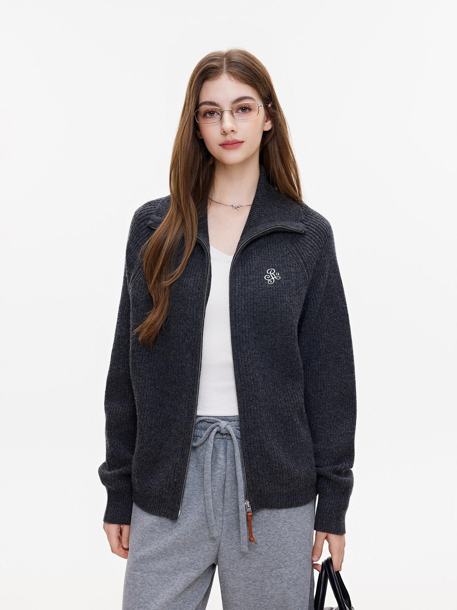 ikyou Warm Wool Blend Stand Collar Zip Loose Commuter Knit Women Deep Gray Cardigans