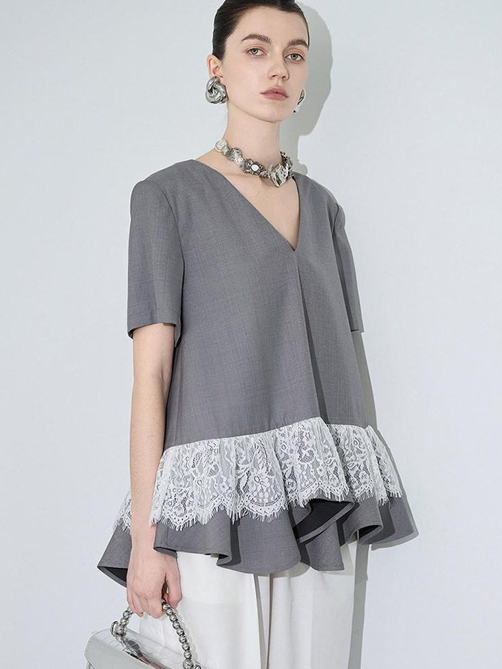audreyyang Cotton Blend Commuter Patchwork Loose V-neck Heather Gray Short Sleeve T-Shirts