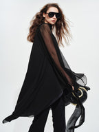audreyyang Beaded Silk Elegant Loose Lantern Sleeve Tie Neck Black Midi Dresses