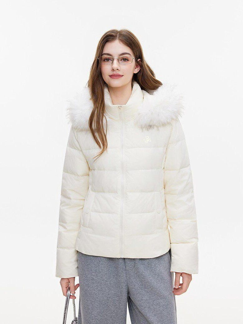 ikyou 90% White Duck Down Warm Minimalist Slim Hooded Fur Collar Women Down Jackets