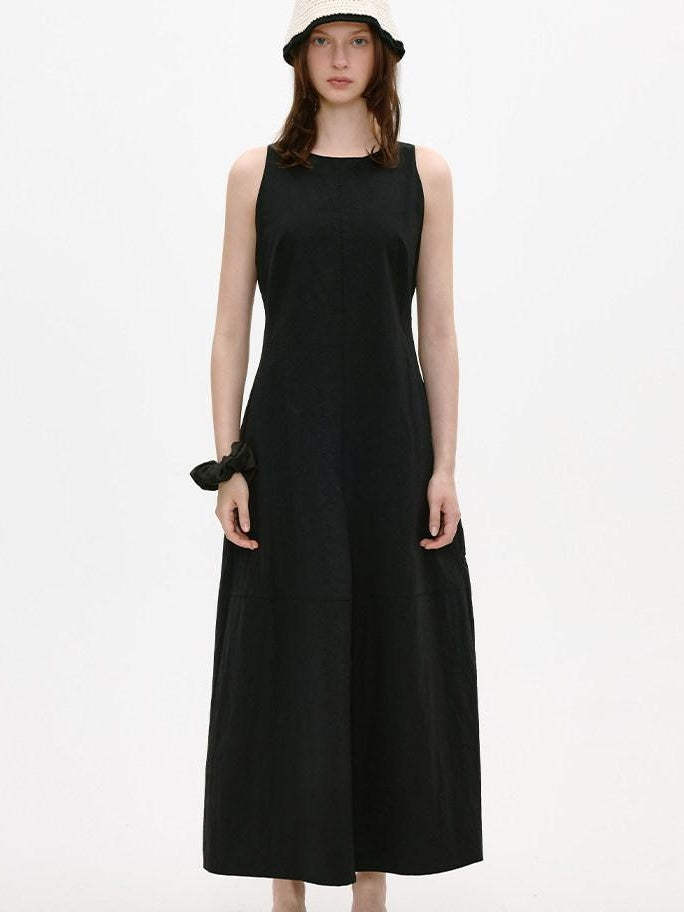 fano Breathable Cotton Blend Sleeveless A Line Korean Workwear Black Maxi Dresses