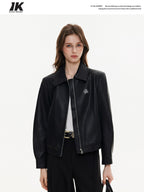 ikyou Durable Unisex Slim Fit Glossy Pu Black Lapel Zipper Short Leather Jackets