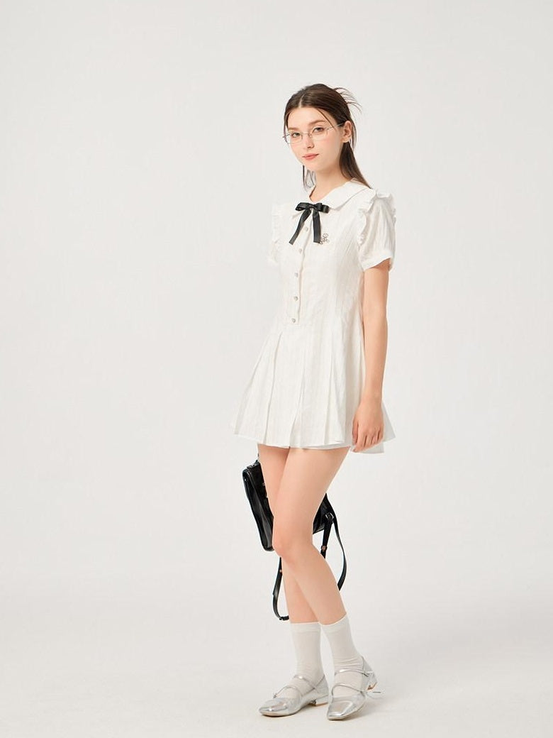 ikyou Pure Cotton Cinched Waist Minimal A Line Short Sleeve White Women Midi Dresses