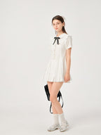 ikyou Pure Cotton Cinched Waist Minimal A Line Short Sleeve White Women Midi Dresses