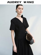audreyyang Refined Solid V-neck Natural Waist Short Sleeve Casual Polyester Maxi Dresses