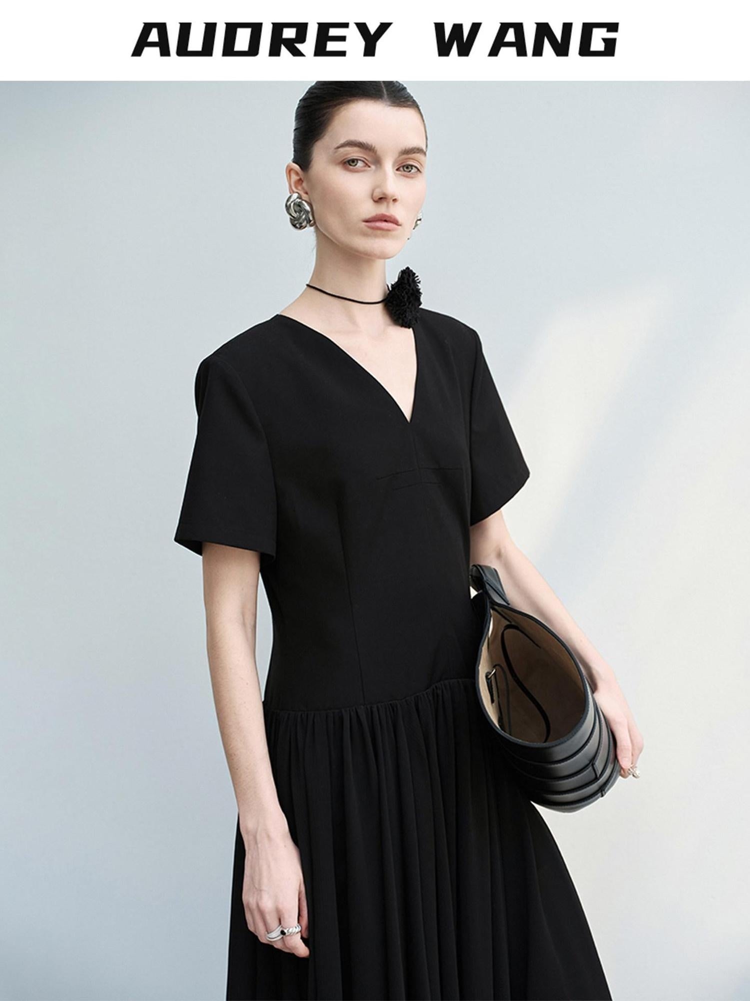 audreyyang Refined Solid V-neck Natural Waist Short Sleeve Casual Polyester Maxi Dresses