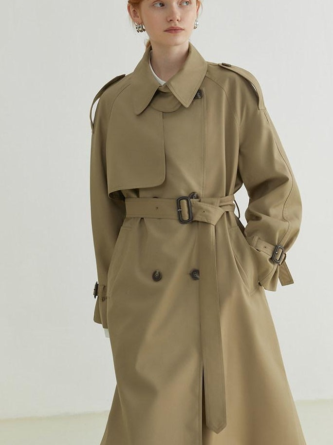 fano Classic Double Breasted Long Straight Fit Commuter Women Khaki Trench Coats