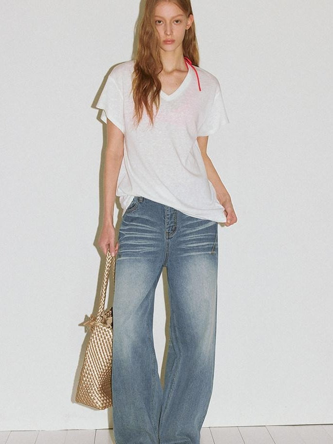 fano High Waist Wide Leg Zipper Fly Loose Light Blue Denim Straight Leg Jeans