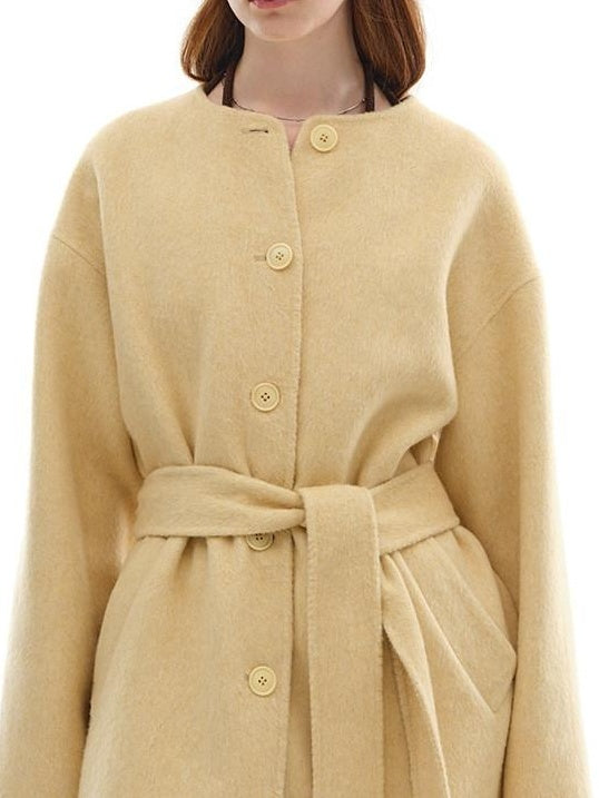 someone sometimes Minimalist Belted Roundneck Single Breasted 50 Percent Wool Yellow Wool Coats
