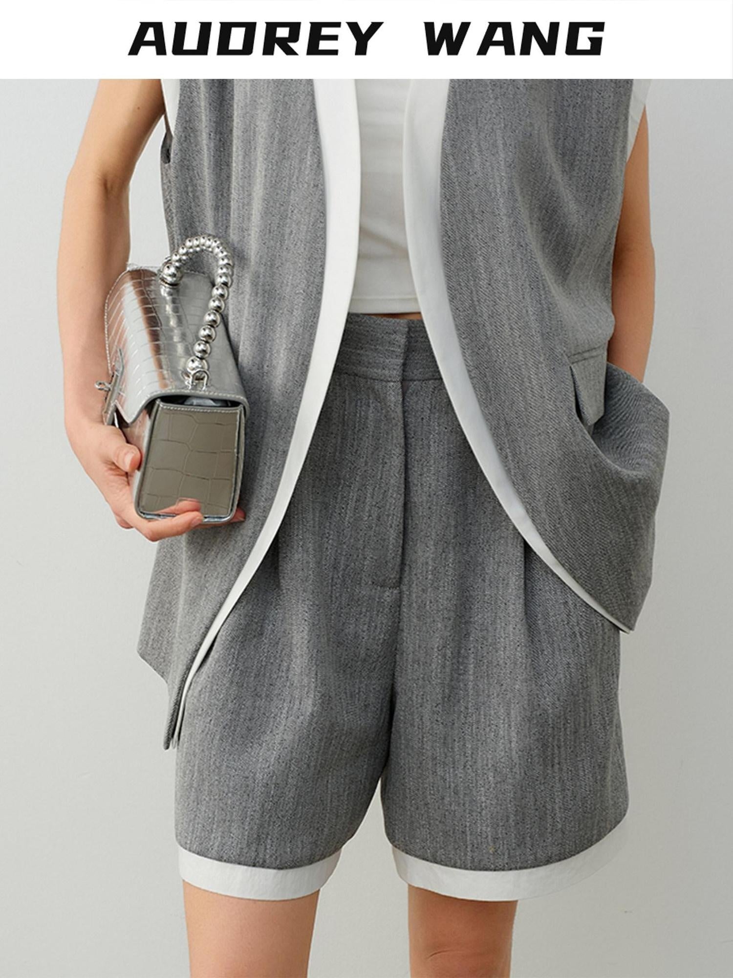 audreyyang Stretch Linen Blend Straight Natural Waist Office Mid-Length Shorts
