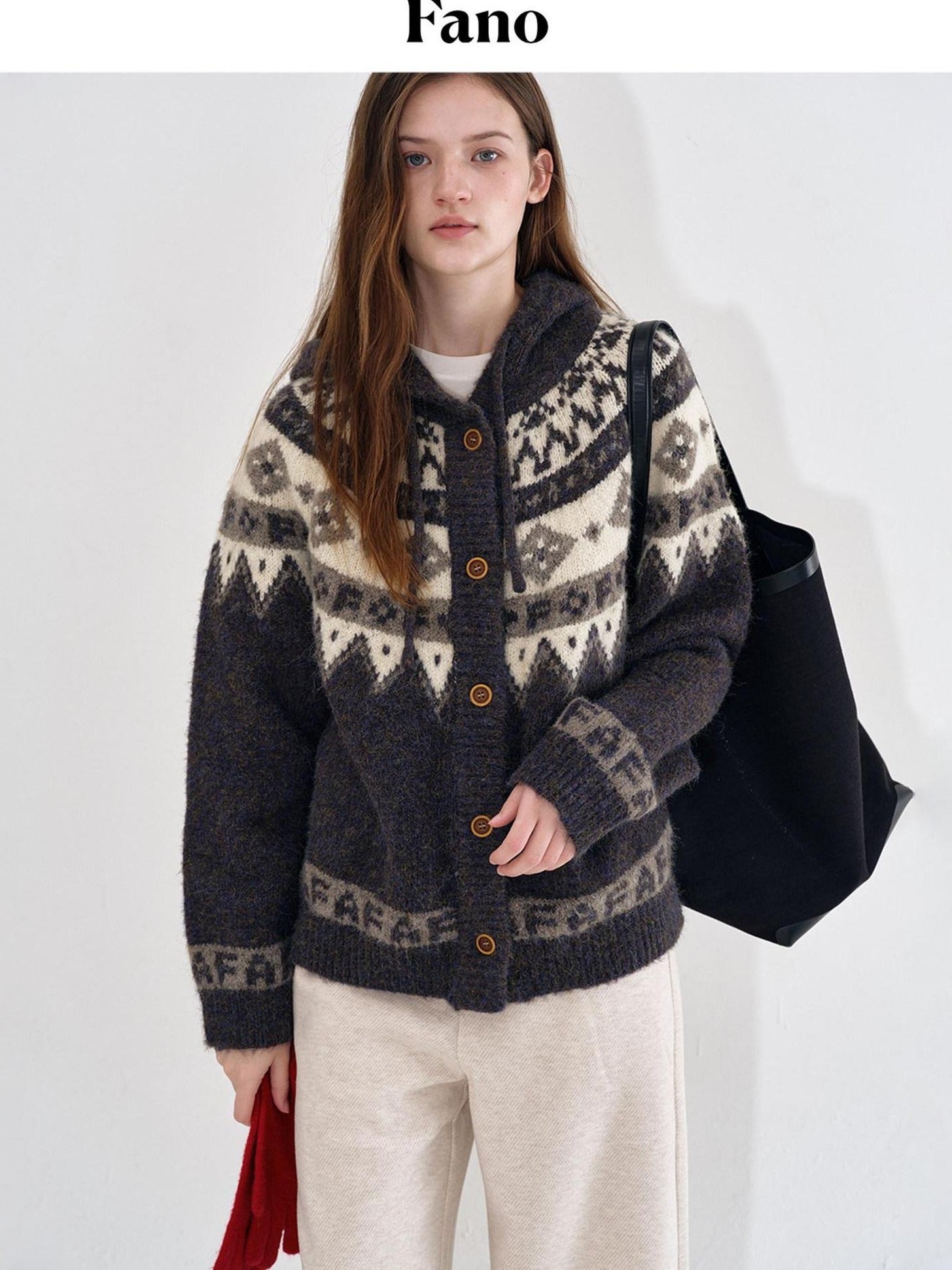 fano Cozy Hooded Jacquard Loose Fit Casual Long Sleeve Knit For Young Women Cardigans