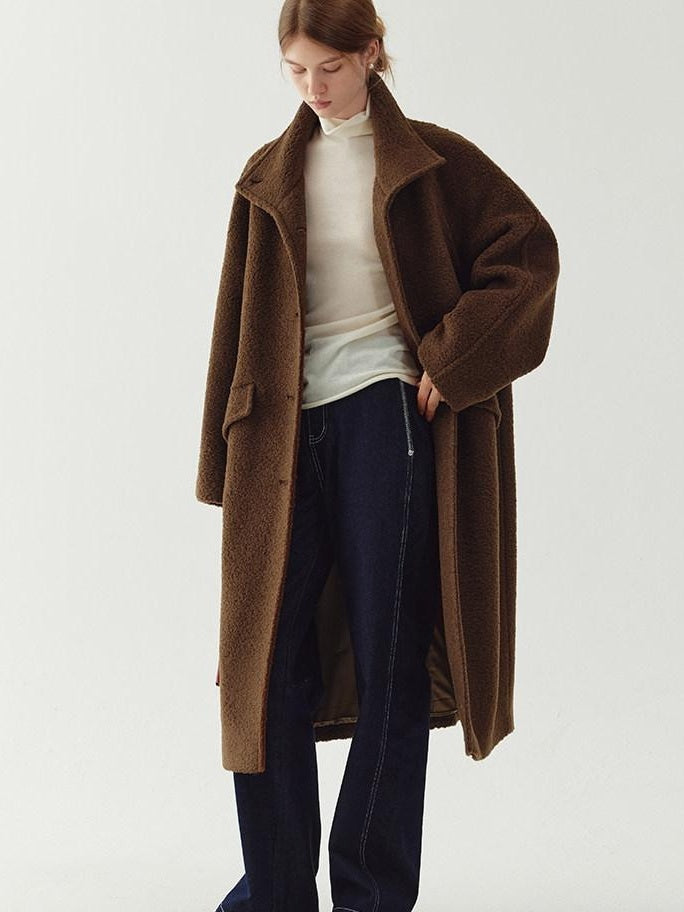 fano Soft Wool Blend Straight Cut Stand Collar Pockets Commuter Midlength Wool Coats
