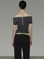 unspoken Moisture Wicking Lyocell Slim V-neck Patchwork Grey Green Halter Crop Tops