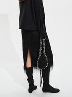 audreyyang Lined Fringed Front Slit Straight Midwaist Elastic Black Polyester Midi Skirts