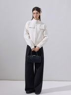 ikyou Stretch Pu Cropped Stand Collar Zipper Casual Women Cream Leather Jackets
