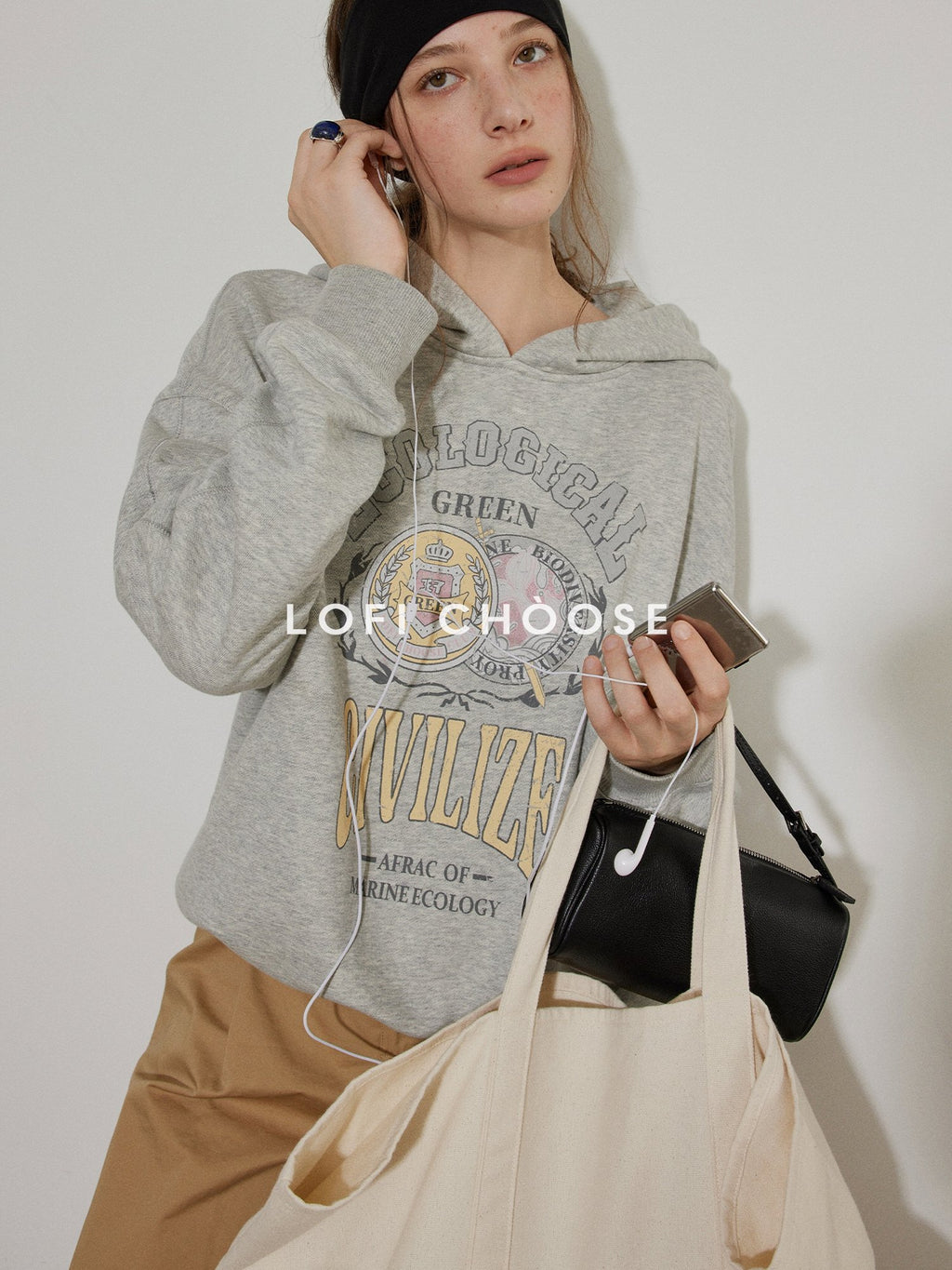 Lofi choose Soft Cotton Blend Oversized Commuter Style Casual Pullover Grey Hoodie