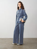 audreyyang 100% Cotton Vintage Loose Fit Button Long Sleeve Denim Women Top & Pants Sets