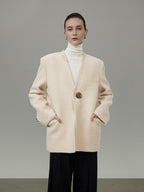 unspoken Cream Wool Blend Commuter Loose Fit V-neck Single Button Women Wool Coats