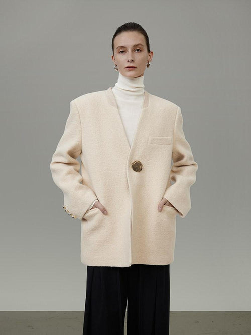 unspoken Cream Wool Blend Commuter Loose Fit V-neck Single Button Women Wool Coats