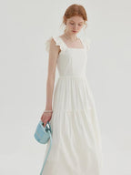 fano High Waist Ruffle A Line Square Neck Office Casual Maxi Dresses
