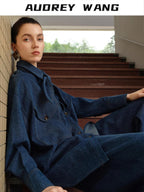 audreyyang Vintage Washed Loose Fit Bow Girls Cotton Patch Pocket Denim Jackets