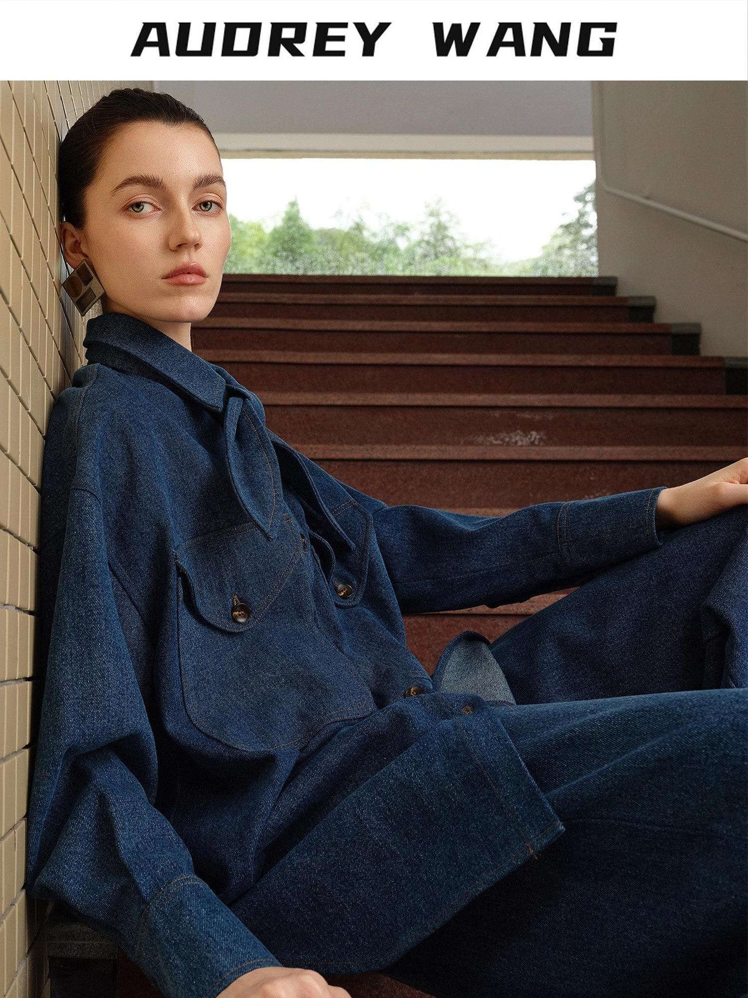audreyyang Vintage Washed Loose Fit Bow Girls Cotton Patch Pocket Denim Jackets