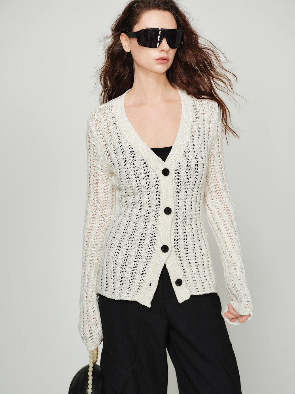 audreyyang Lightweight Openwork Slim V-neck Button Knitted Cotton Women Cardigans