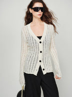 audreyyang Lightweight Openwork Slim V-neck Button Knitted Cotton Women Cardigans