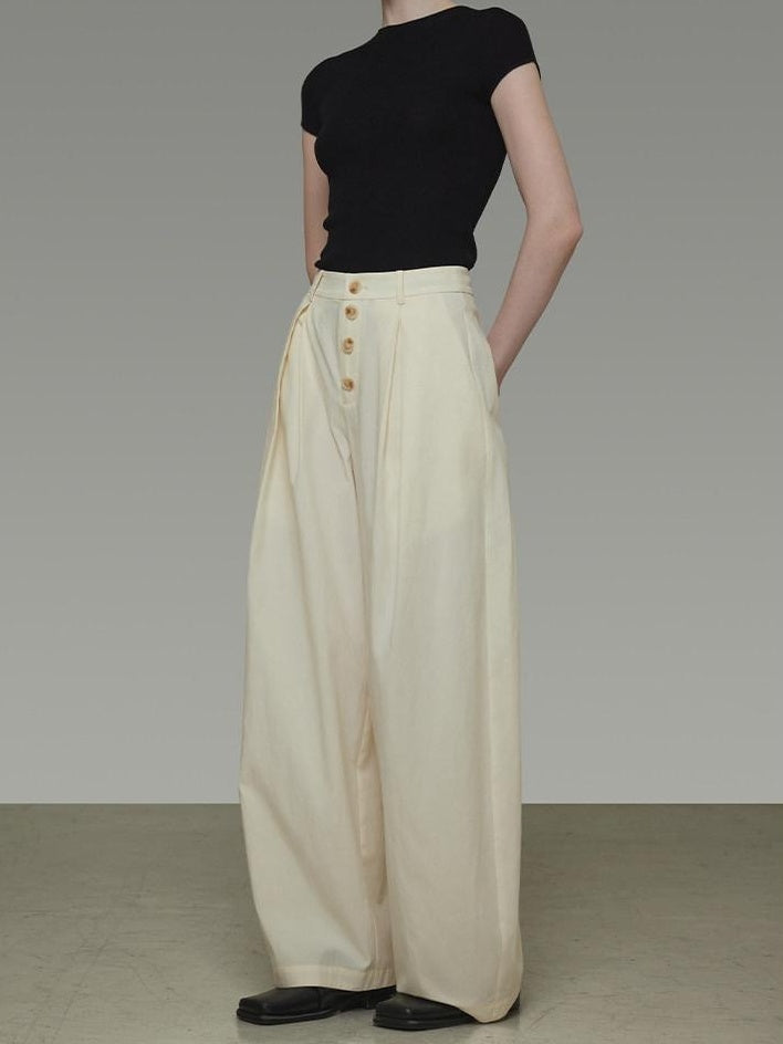 unspoken High Waist Lyocell Blend Pleated Button Minimal Workwear Wide Leg Pants