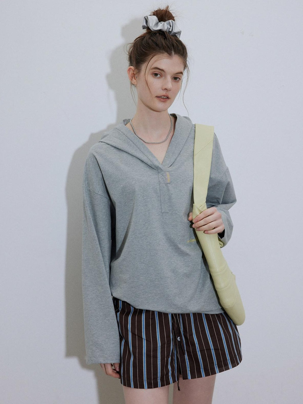 Lofi choose Cozy Loose Fit V-neck Hooded Commuter Style Women Green Gray Hoodie