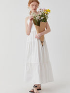 fano High Waist Pleated Minimalist V-neck Sleeveless A Line Cotton Casual Maxi Dresses