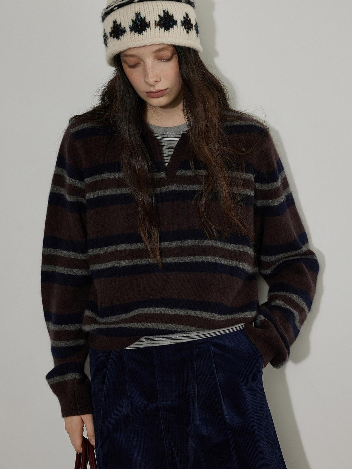 Lofi choose Soft Knitted Pullover Commuter Oversized Polo Collar Striped Women Sweaters