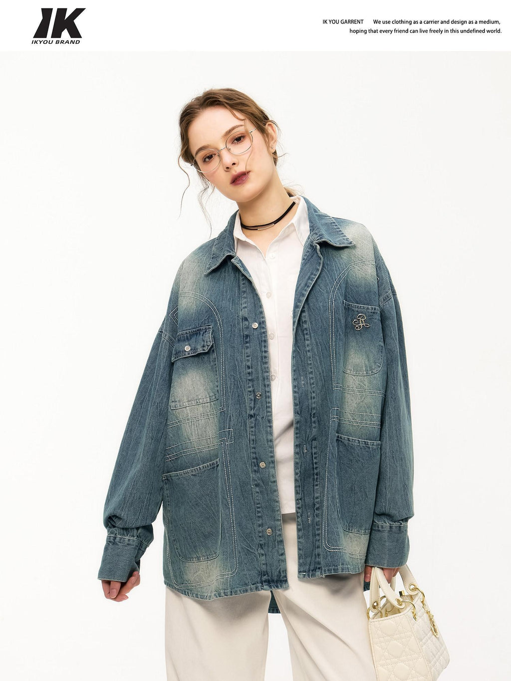 ikyou Shape Retaining Vintage Loose 3D Detail Women Midlength Blue Denim Jackets